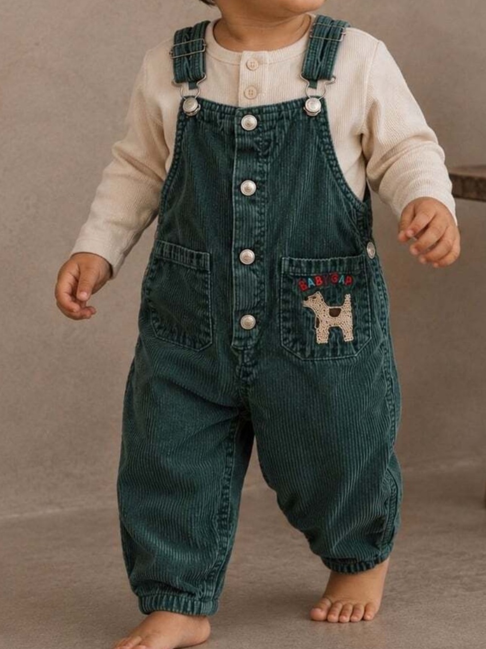Vintage Baby Gap Green Corduroy Overalls 90s Dog Embroidered -Size 6-12M